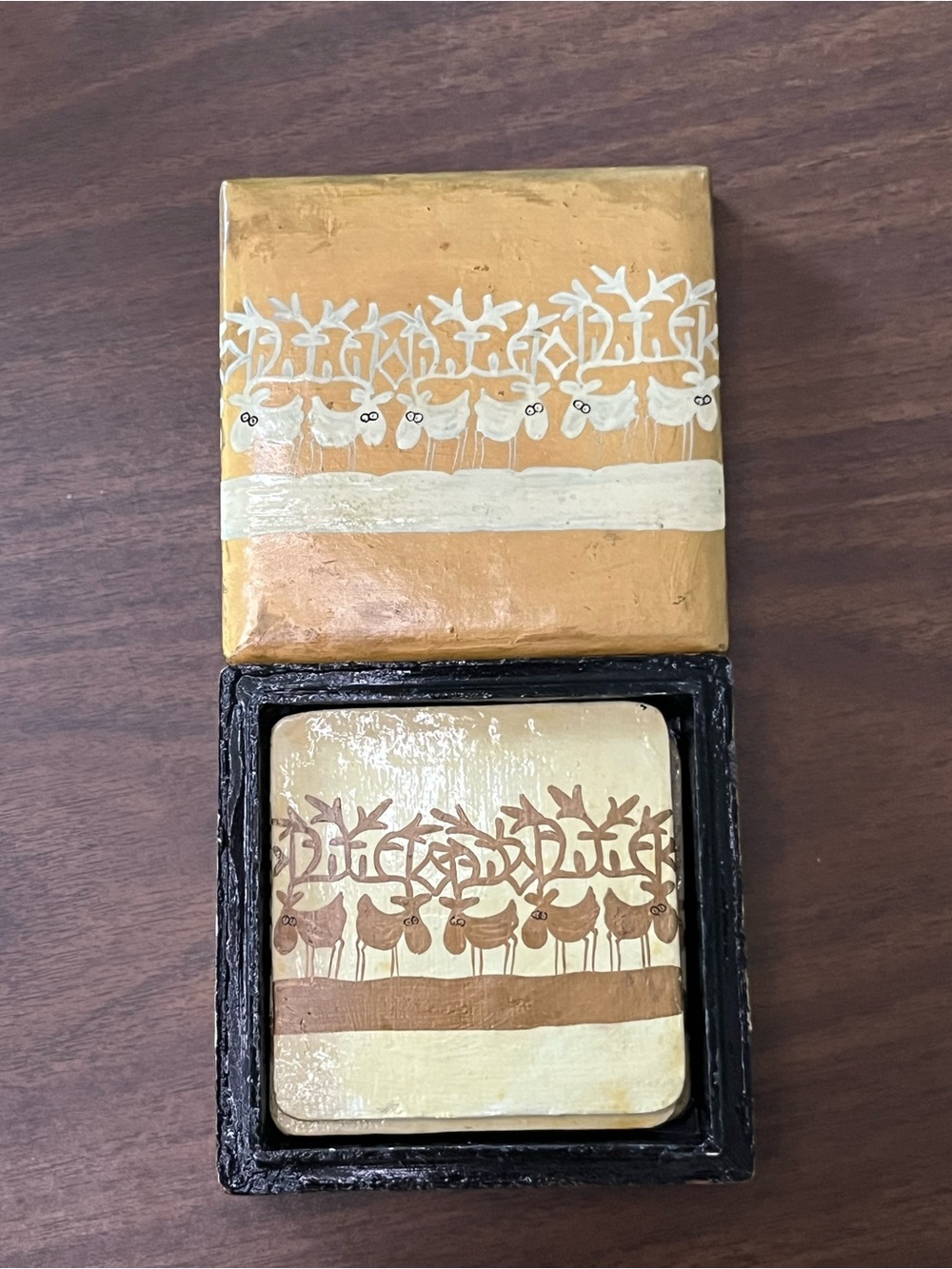 Handpainted Reindeer Coaster Set in Gold and Cream